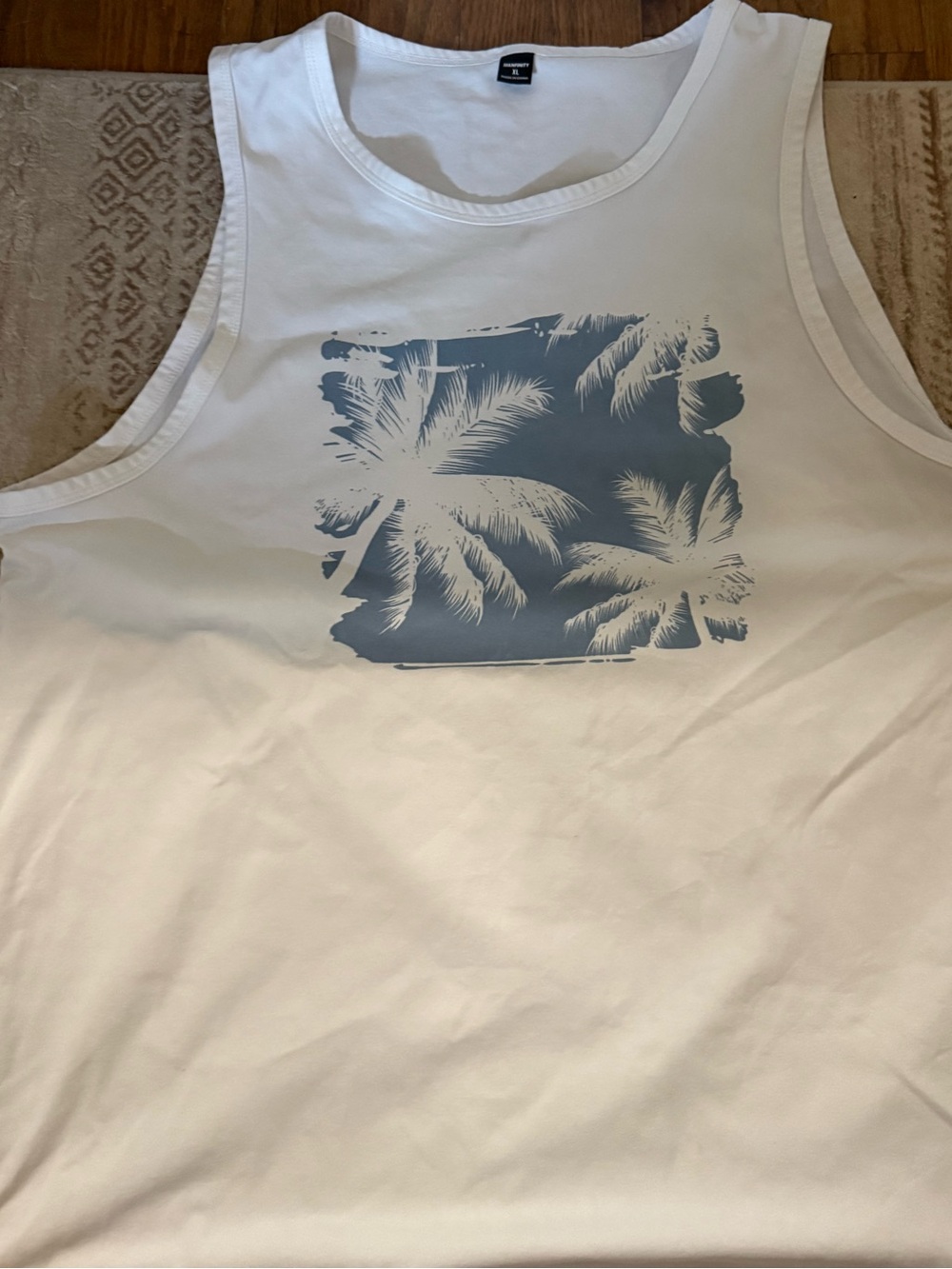 Source Unknown White Tank Top with Blue Palm Graphic